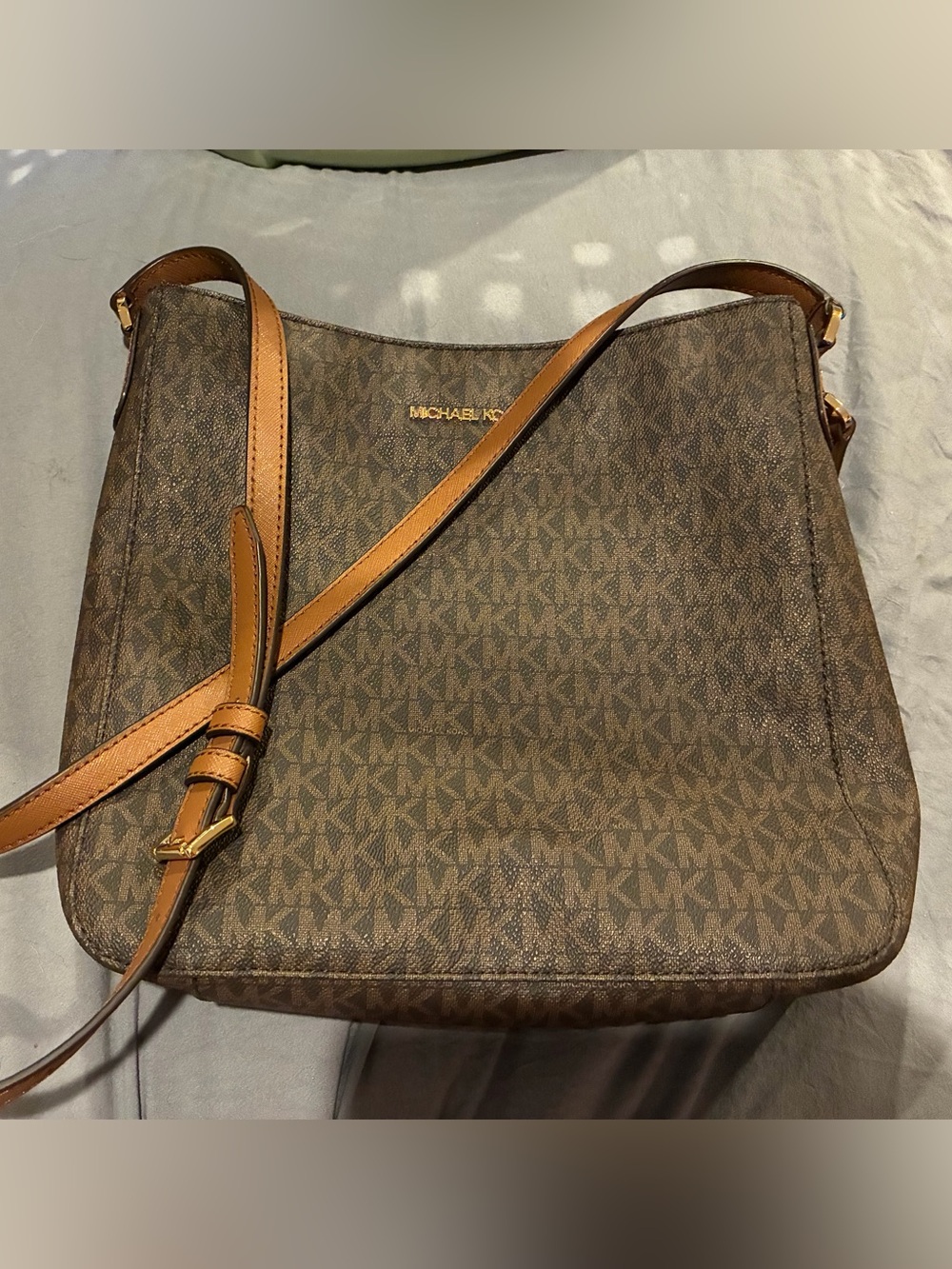 Michael Kors Brown MK Signature Crossbody with Tan Strap and Gold Hardware